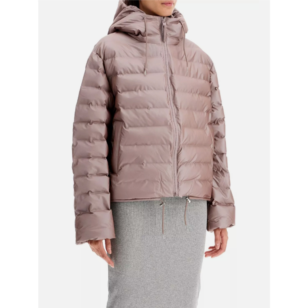 Rains Lohja Short Pink Rose Unisex Puffer Jacket Shiny Reflect Quilt Zip Hoodie
